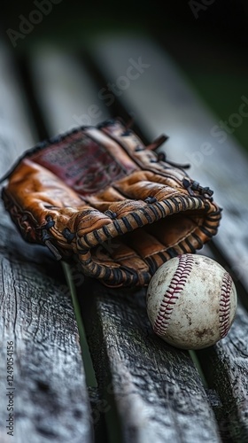 Baseball glove and ball on wooden bench