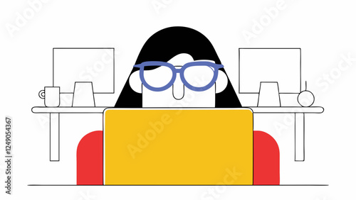 Young woman with glasses focused on yellow laptop screen. Dark-haired professional in modern office environment with minimalist aesthetic.Concept of tech company, education platform, digital marketing