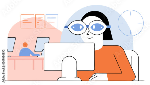 Woman wearing distinctive oval glasses working intently at computer. Professional office setting with modern minimalist design elements. Concept of: software development, data analysis, consulting