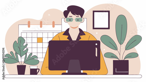 Young man intensely focused on computer work in modern home office setting. Wearing yellow sweater and glasses, surrounded by plants and minimalist decor. Concept of: remote work, tech industry