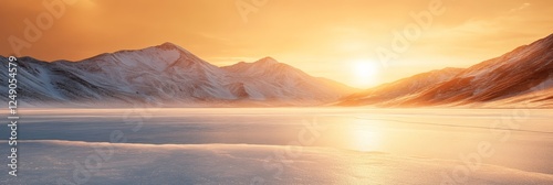 Warm sunlight bathing a snow covered mountain range and a frozen lake at sunset, creating a serene and breathtaking winter landscape filled with tranquil beauty