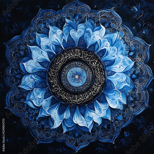 Intricate Blue Mandala with Islamic Calligraphy Design