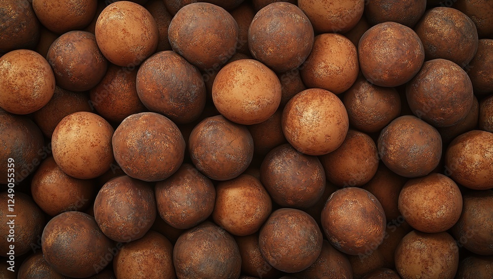 Rusty Spheres Texture: Close-up View of Oxidized, Brown, Spherical Objects Arranged in a Pile, Showing Detailed Surface Texture and Color Variations. Rusty Spheres Texture: Close-up View of Oxidized, Brown, Spherical Objects Arranged in a Pile, Showing Detailed Surface Texture and Color Variations.