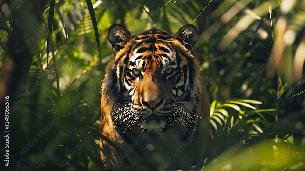Obraz premium The Javan tiger (Panthera tigris sondaica) was a small yet powerful tiger subspecies native to Java, Indonesia. It had slender bodies, narrow stripes, and strong limbs, adapted for dense forests and g