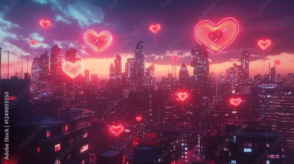 Obraz premium Neon heart shaped balloons floating in a cityscape, illuminated by colorful signs, retro futuristic vibe
