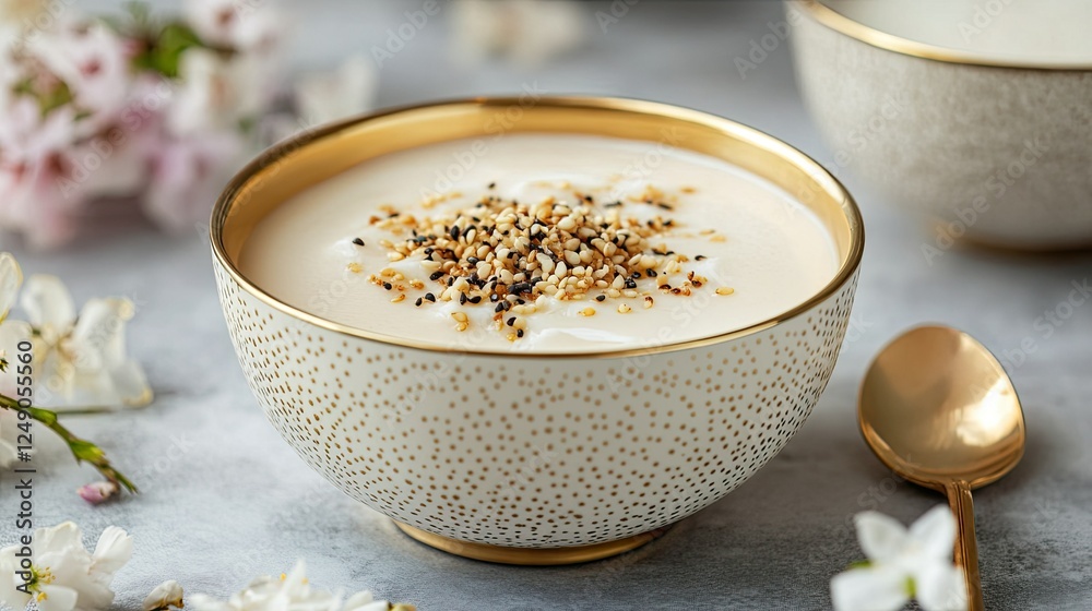 Creamy yogurt bowl with seeds and floral backdrop for healthy snack Creamy yogurt bowl with seeds and floral backdrop for healthy snack