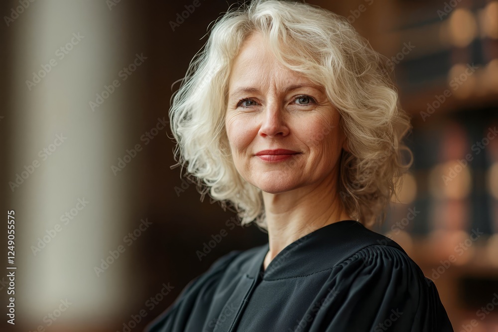 Fototapeta premium Mature successful blond judge wearing black mantle looking at camera with smile.