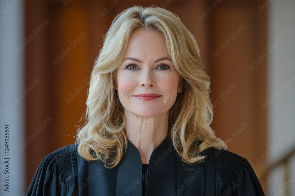 Fototapeta premium Mature successful blond judge wearing black mantle looking at camera with smile.