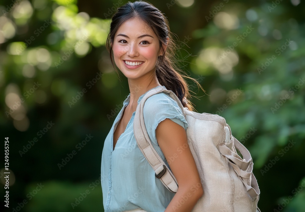 Young Woman Smiling with Backpack in Natural Green Setting Young Woman Smiling with Backpack in Natural Green Setting