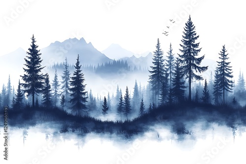 Mystical Misty Forest Landscape with Mountains