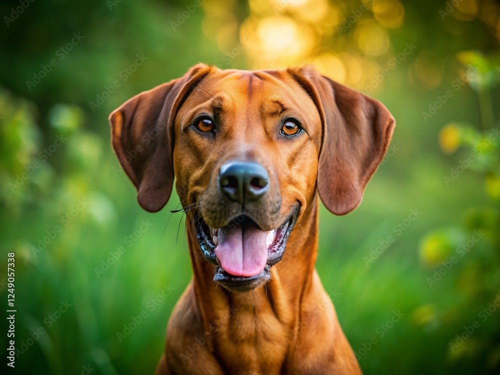 Happy Rhodesian Ridgeback Dog Close-Up Portrait, Green Nature Background Happy Rhodesian Ridgeback Dog Close-Up Portrait, Green Nature Background