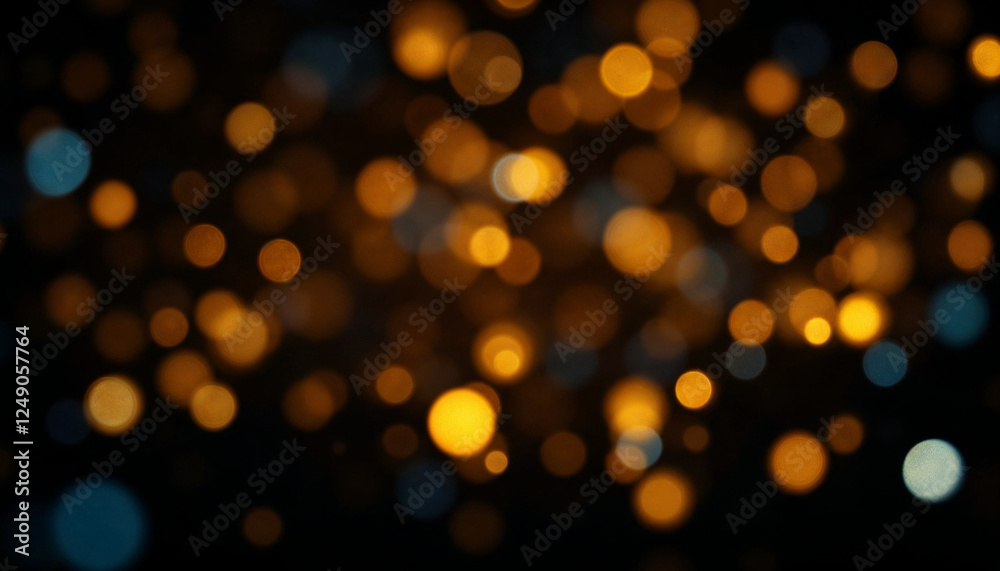 Fototapeta premium Un fondo oscuro lleno de orbes brillantes dispersos en varios colores, incluidos dorado, naranja y azul, que crean un efecto bokeh