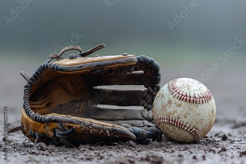 Baseball glove with ball on dusty field, nostalgic tone