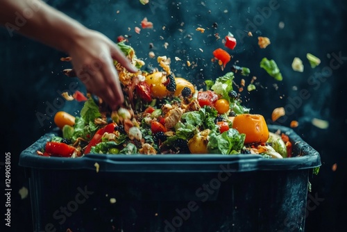 a hand throws a handful of fresh vegetables into a compost bin, creating a vibrant splash of colors. The bin is overflowing with food waste, a stark reminder of our impact on the environment  photo