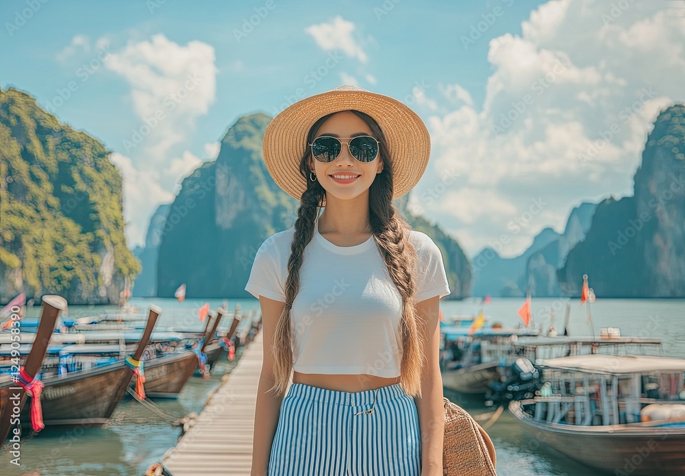 Fototapeta premium beautiful young woman wearing sunglasses, a white t-shirt, and blue striped pants stands on the boat dock with many boats behind her