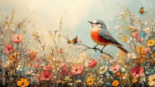 Colorful Bird with Peaceful Mood Perching Among Butterflies and Flowers on Meadow Background