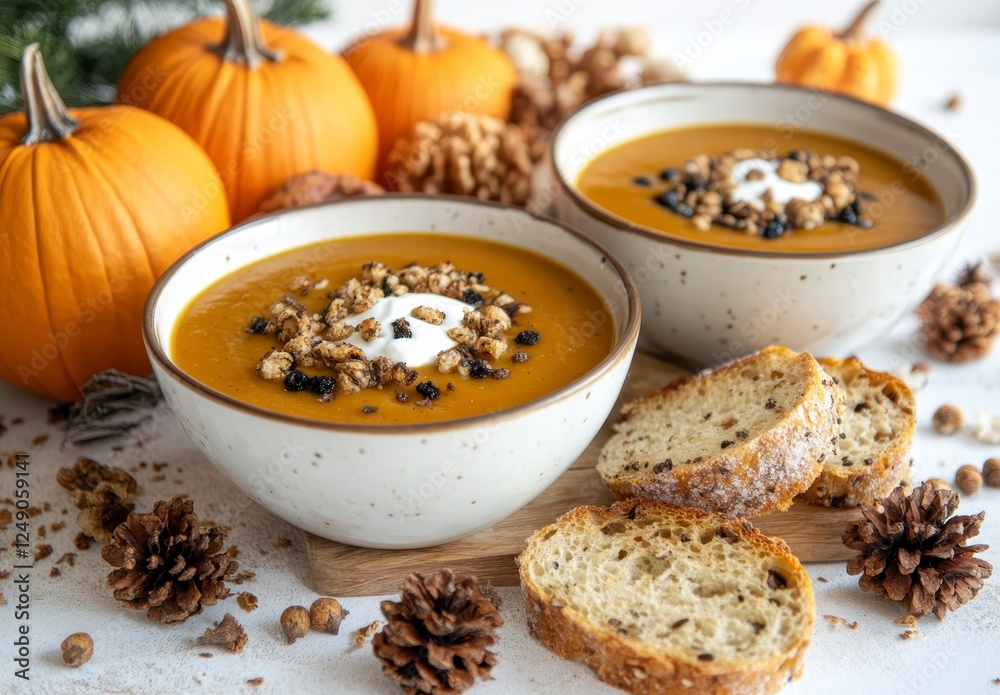 Two bowls of creamy pumpkin soup topped with crunchy granola and a dollop of whipped cream, surrounded by pumpkins, pine cones, and bread slices