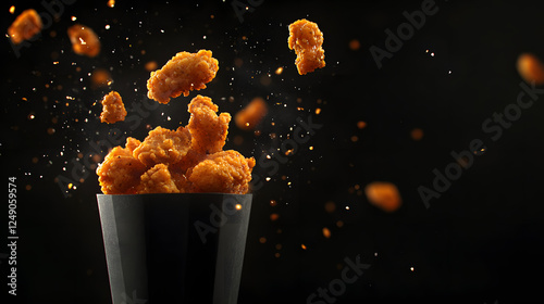 Bite-sized pieces of crispy fried chicken are exploding out of a black cup against a dark background with scattered crumbs.