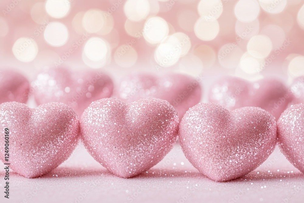 Fototapeta premium A row of sparkling pink hearts on a soft pink background with bokeh lights.