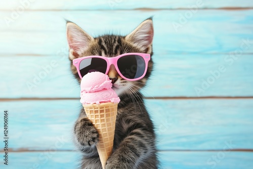 A playful kitten wearing pink sunglasses holds a cone of pink ice cream against a blue wooden background.