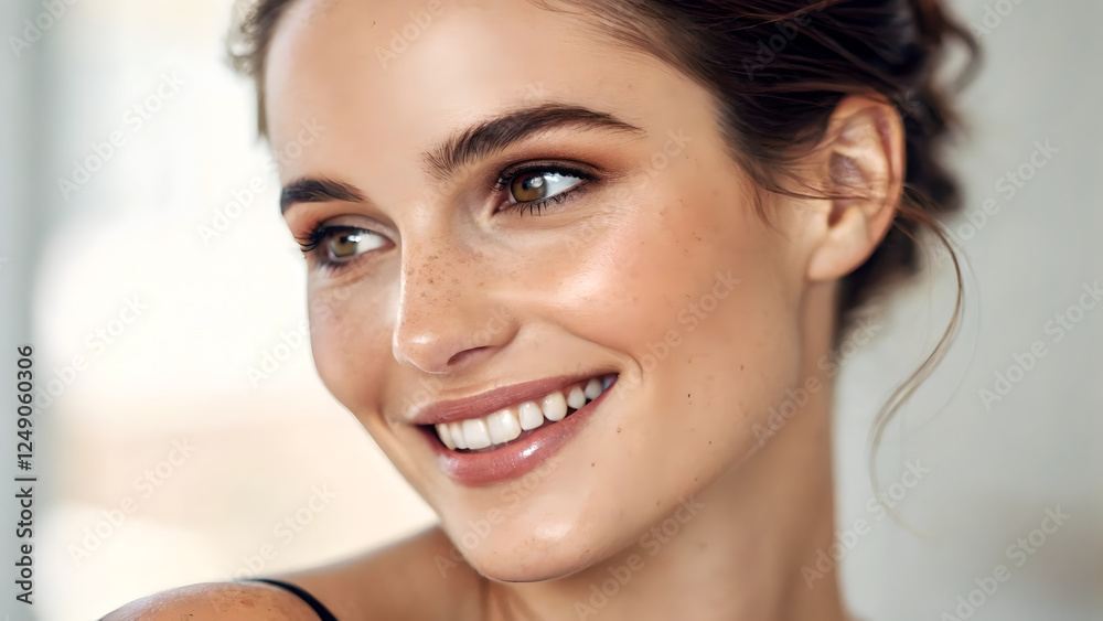 Naklejka premium Close-up of a smiling young woman with light freckles, warm brown eyes, and loose waves, set against a softly blurred background Generative AI