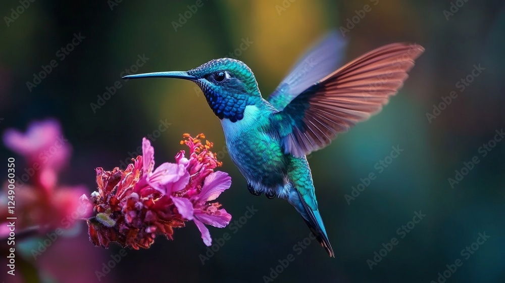 Obraz premium A hummingbird, filled with color, hovers delicately in front of a blossoming flower
