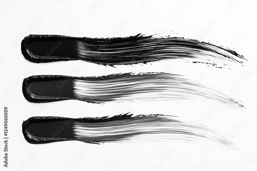 Fototapeta premium Three artistic black paint strokes on a clean white background.