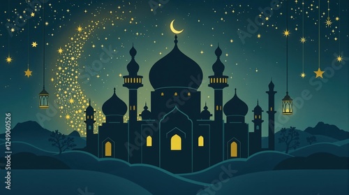 Ramadan Kareem Silhouette of a Mosque Under a Starry Night Sky, Starry Night Mosque Silhouette