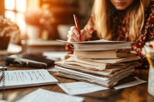 A teacher grading a stack of assessment papers with a red pen