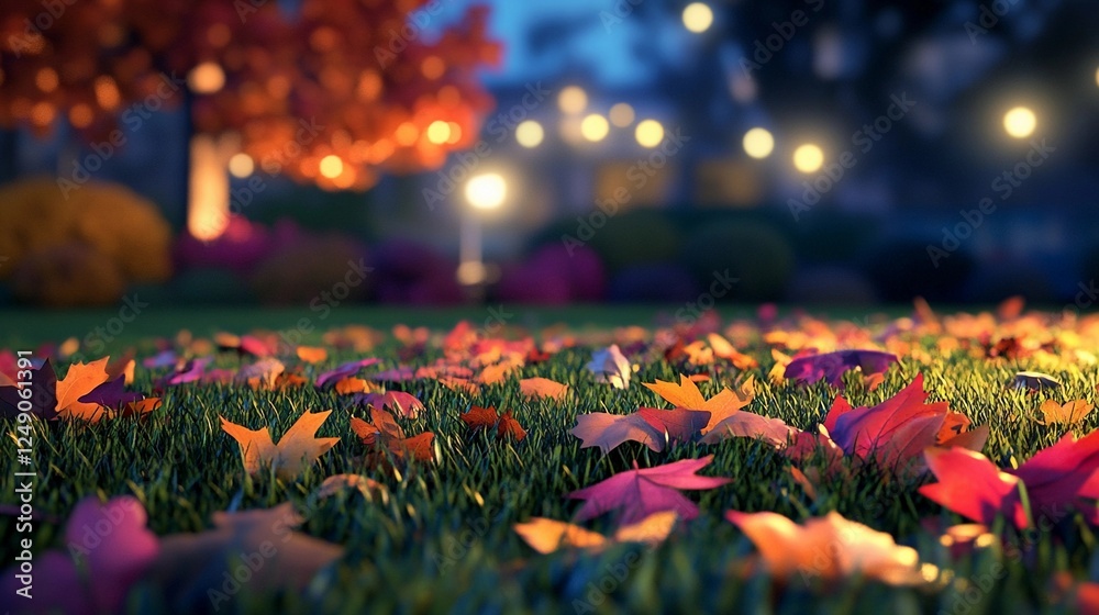 Colorful autumn leaves scattered on a grassy lawn illuminated by evening lights in a serene garden setting Colorful autumn leaves scattered on a grassy lawn illuminated by evening lights in a serene garden setting