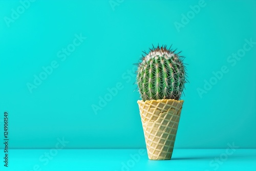 A green cactus in a waffle ice cream cone against a bright turquoise background.