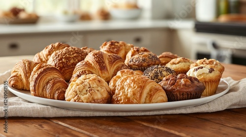 Artisanal Bakery Photography in Natural Light featuring Fresh Croissants and Muffins on White Platter