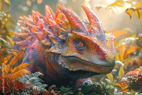 vibrant dinosaurlike creature amidst lush colorful foliage exhibiting intricate scales and textures set in a sunlit prehistoric landscape evoking wonder and adventure photo