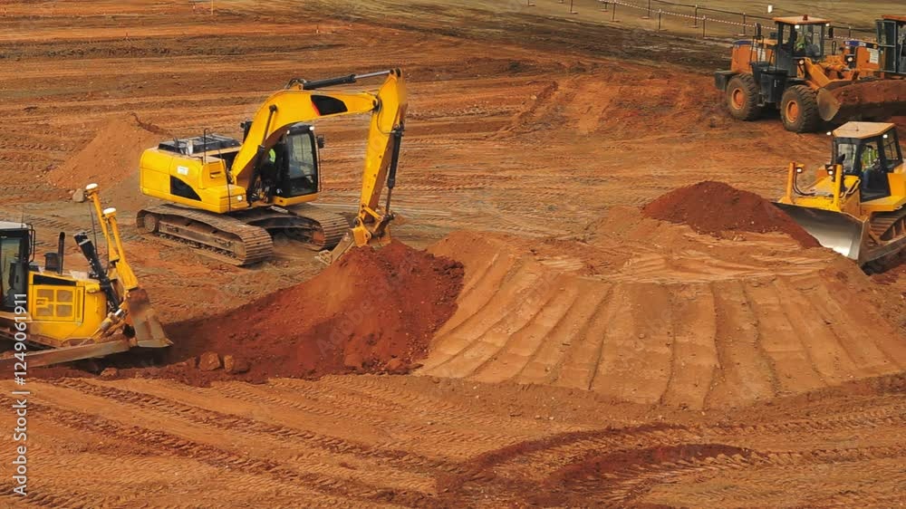 Heavy machinery at work in mining quarries moving earth and shaping terrain