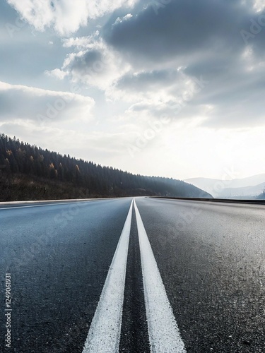 Winding Mountain Road Photography in Cool Tones featuring Forest and Distant Mountains with Dramatic Sky