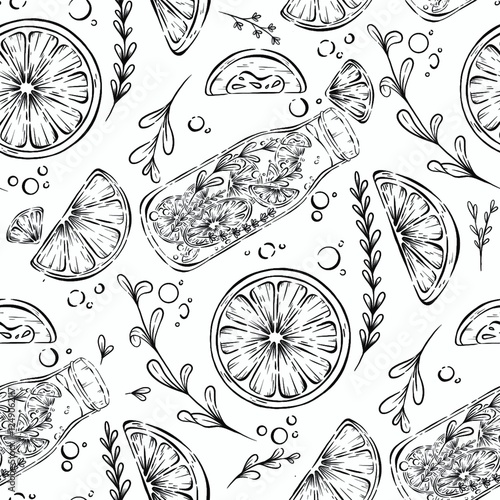 Monochrome outline seamless pattern featuring sparkling water in the bottle, lemons and oranges on white background
