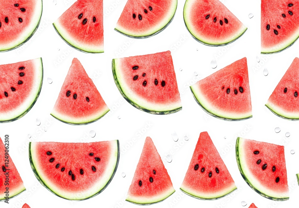 Red watermelon slices arranged in a symmetrical pattern over a white background, showcasing the vibrant red flesh and black seeds of the fruit Red watermelon slices arranged in a symmetrical pattern over a white background, showcasing the vibrant red flesh and black seeds of the fruit