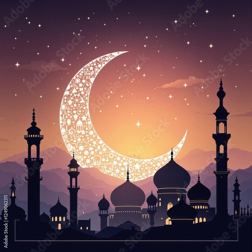 Ornate Crescent Moon and Mosque Cityscape