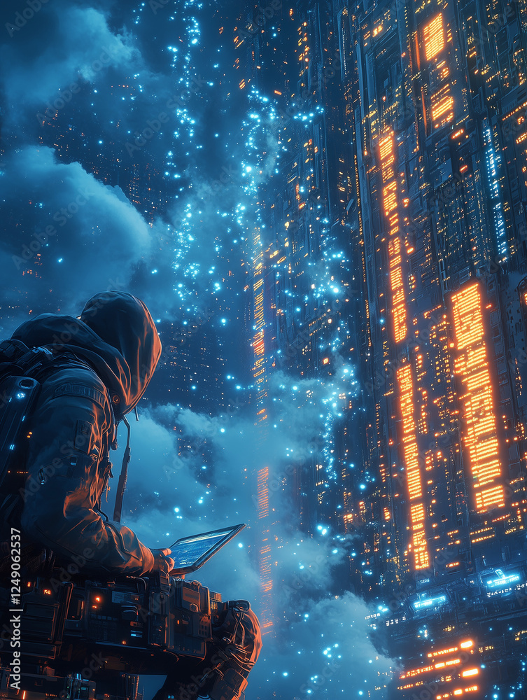 Fototapeta premium Cyberpunk style illustration of an android ninja with VR glasses on his face floating among the clouds on an electronic glider, surrounded by clouds of data, in which streams of information flow in a 