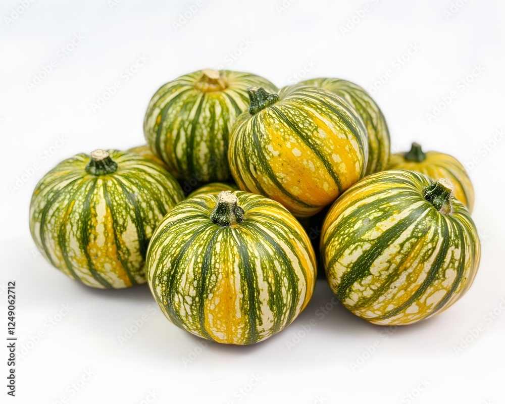 A group of striped delicata squash sit in a pile A group of striped delicata squash sit in a pile