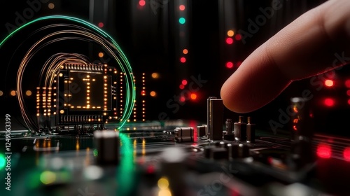 Close-Up of Circuit Board with Microchip and Touching Finger