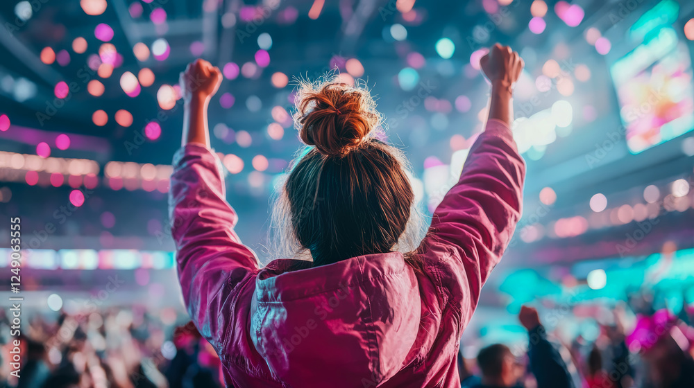 Fototapeta premium Euphoric Crowd Celebration: Back View of Woman with Arms Raised at Concert