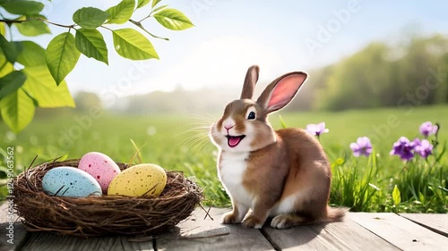 Playful rabbit running and laughing next to colorful easter eggs with a nest and flowers in a cheerful setting