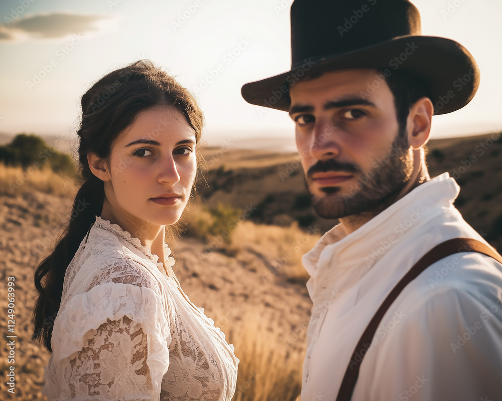 Man and woman in vintage regency style wardrobe and hat in arid landscape. Golden hour lighting.