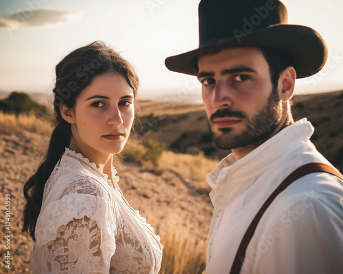 Obraz na płótnie Man and woman in vintage regency style wardrobe and hat in arid landscape. Golden hour lighting. w salonie