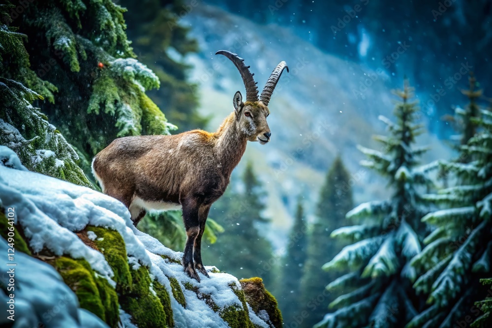Ibex Descending Snowy Mountain Forest - Winter Wildlife Photography Ibex Descending Snowy Mountain Forest - Winter Wildlife Photography