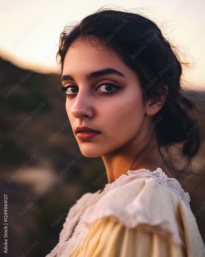 Young brunette woman in vintage victorian wardrobe in hilly landscape. Wearing white dress. Sunset lighting.