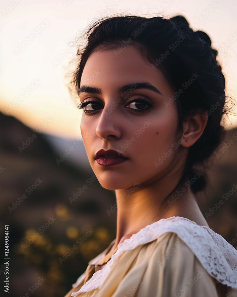 Young brunette woman in vintage victorian wardrobe in hilly landscape. Wearing white dress. Sunset lighting.