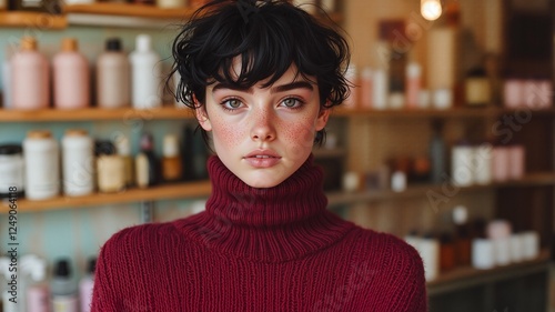 Intimate Retail Environment Portrait Capturing Natural Freckles and Warm Tones with Soft Commercial Lighting