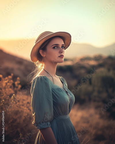 Obraz na płótnie Young brunette woman in vintage victorian wardrobe in arid hilly landscape. Wearing blue dress and brown hat. Golden hour lighting. w salonie